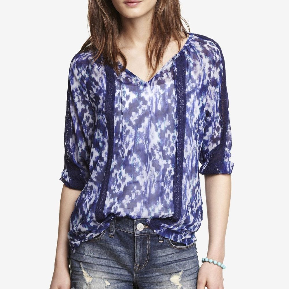Express Blue Chiffon Peasant Blouse with Lace Inset